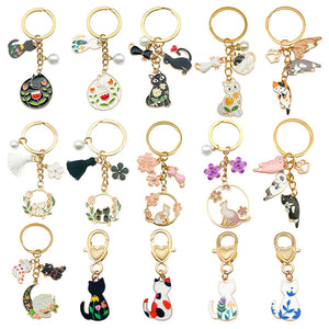 Cat Charm Keychain with Enamel Cats, Pearl Bead and Gold-Tone Ring