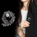 Black Silver Tone Floral Wreath Wreath Crystal Pearl Look Metal Brooch Pin view 3