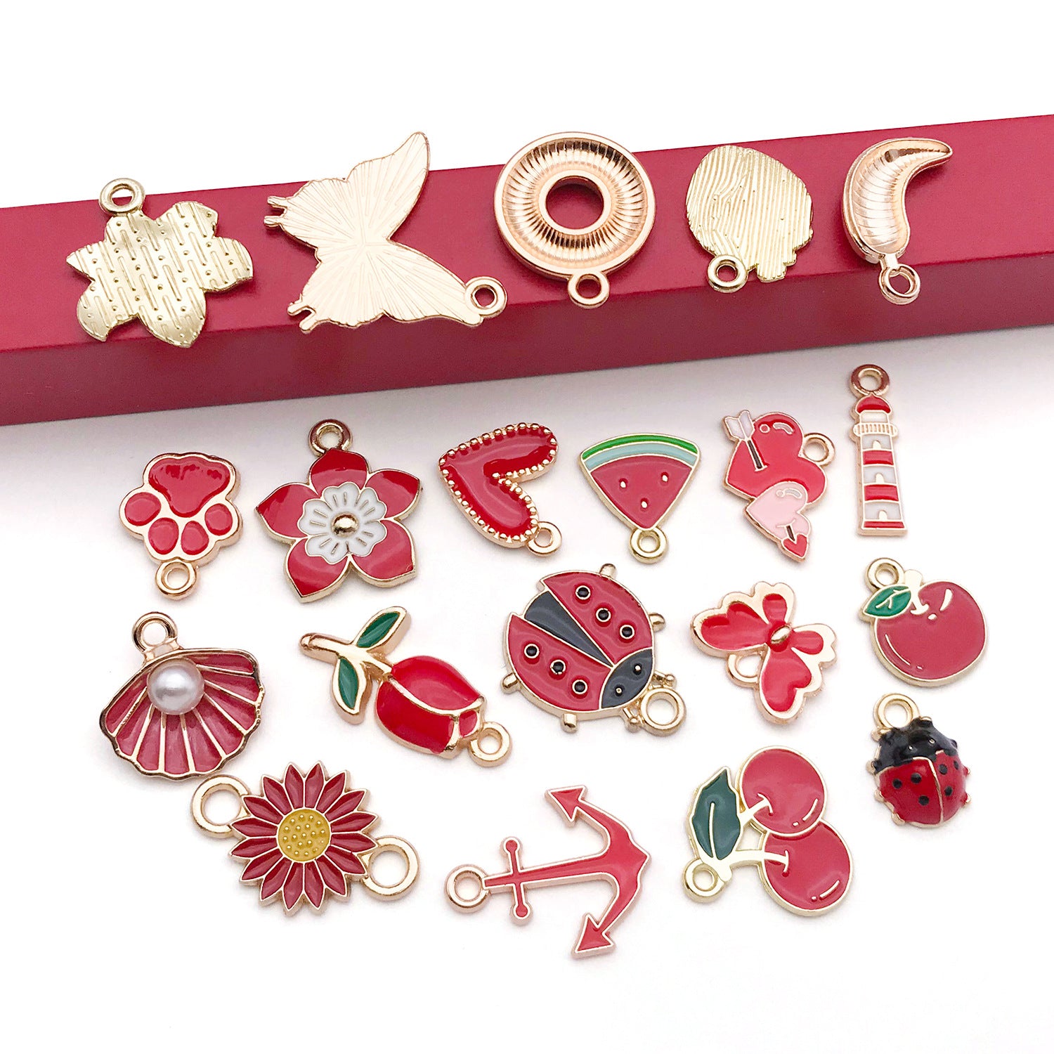 Acrylic Red Enamel Heart Butterfly Rose Flower Charm Pendant for DIY Bracelet Necklace Making