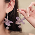 Purple Layered Flower and Clear Top Dangle Earrings view 1