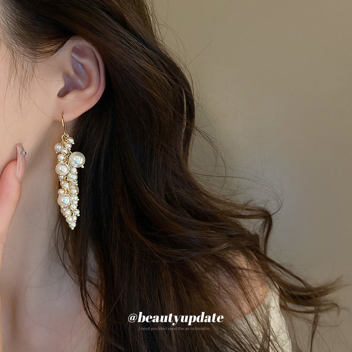 White Pearl Cluster Gold Hook Drop Earrings Polished Metal Jewelry