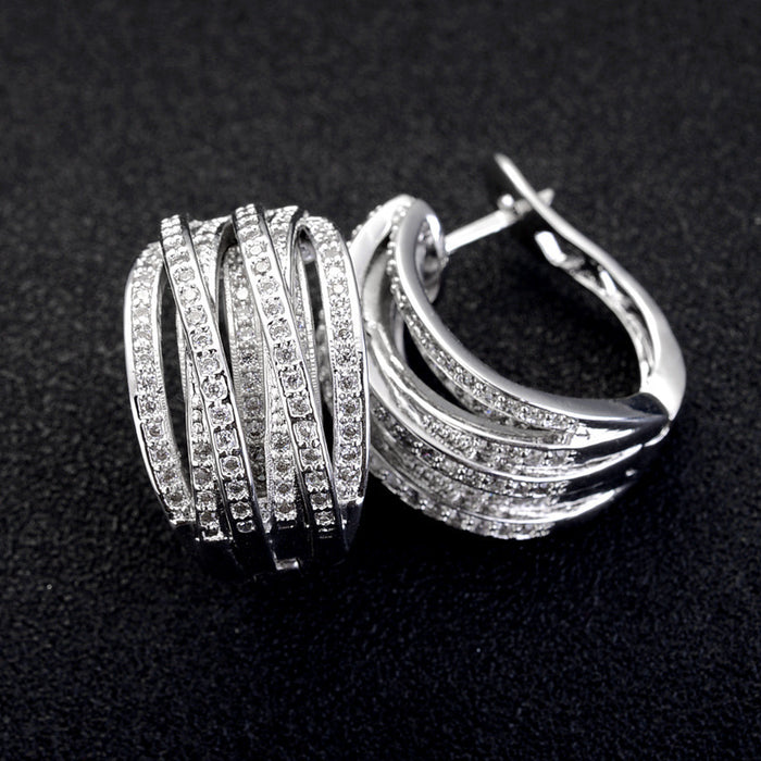 Five-Rail Pave Wide Hinged Hoop Earrings In Polished Silver Tone