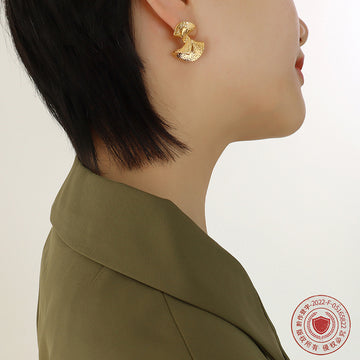 Fan Embossed Twist Stud Earrings Gold Steel Tone Pair