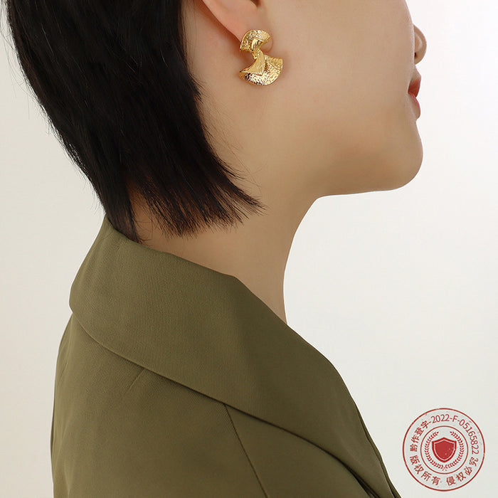 Fan Embossed Twist Stud Earrings Gold Steel Tone Pair