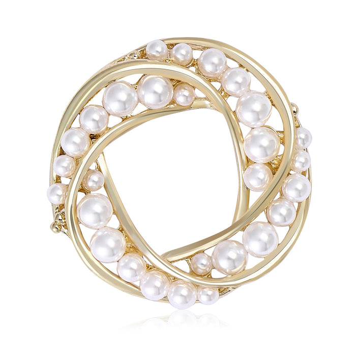 Interlocking Double Ring Pearl Brooch in Polished Gold Tone