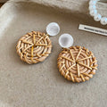 Woven Rattan Circle and White Cabochon Earrings with Decorative Details view 6