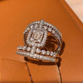 Silver Tone Emerald Cut Halo Multi Band Pave Finger Ring view 5