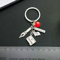 Antique Silver School Pen Ruler Book and Red Apple Charm Keychain view 3