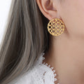 Round Hollow Mesh Chain-Link Stud Earrings Gold Steel view 1