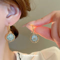 Blue Green Enamel Flower Medallion Gold Tone Hook Earrings view 1