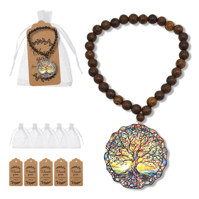 Brown Wood Bead Colorful Tree of Life Pendant Bracelet