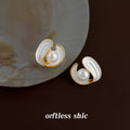 Gold Tone White Shell Swirl Pearl Center Stud Earrings view 3