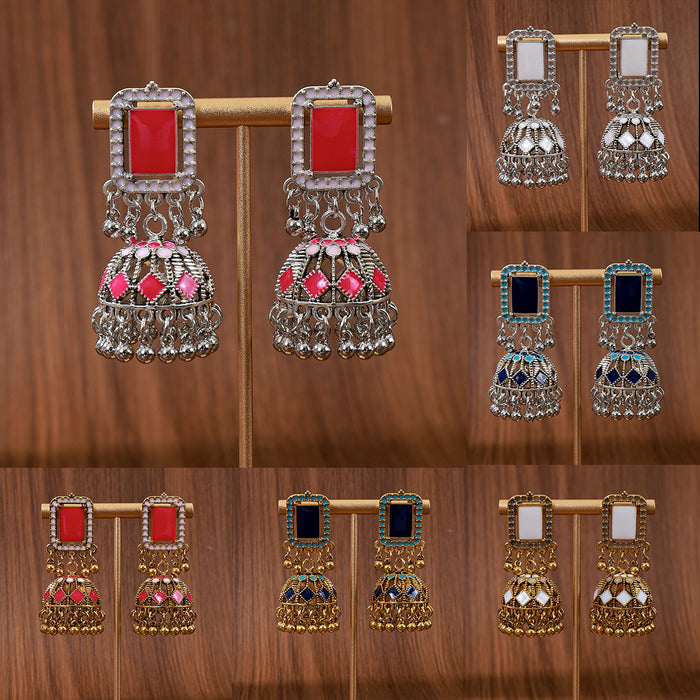 Six Color Rectangular Top Ornate Jhumka Dangle Earrings