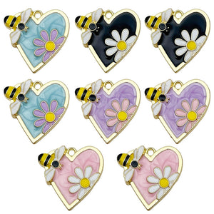 Enamel Bee and Daisy Heart Charms in Zinc Alloy with Gold-Tone Edges