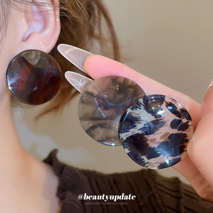 Leopard And Marbled Round Resin Disc Stud Earrings