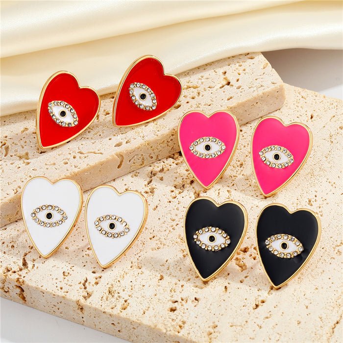 Gold Tone Crystal Eye Enamel Heart Stud Earrings in Four Colors
