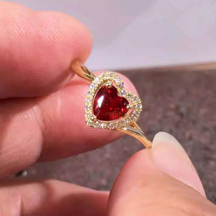 Red Heart-Shaped Solitaire Halo Ring In Polished Gold Tone