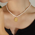 White Pearl Strand Gold Sunflower Oval Pendant Necklace view 4