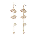White Flower Pearl Long Chain Hook Earrings Statement Pair view 5