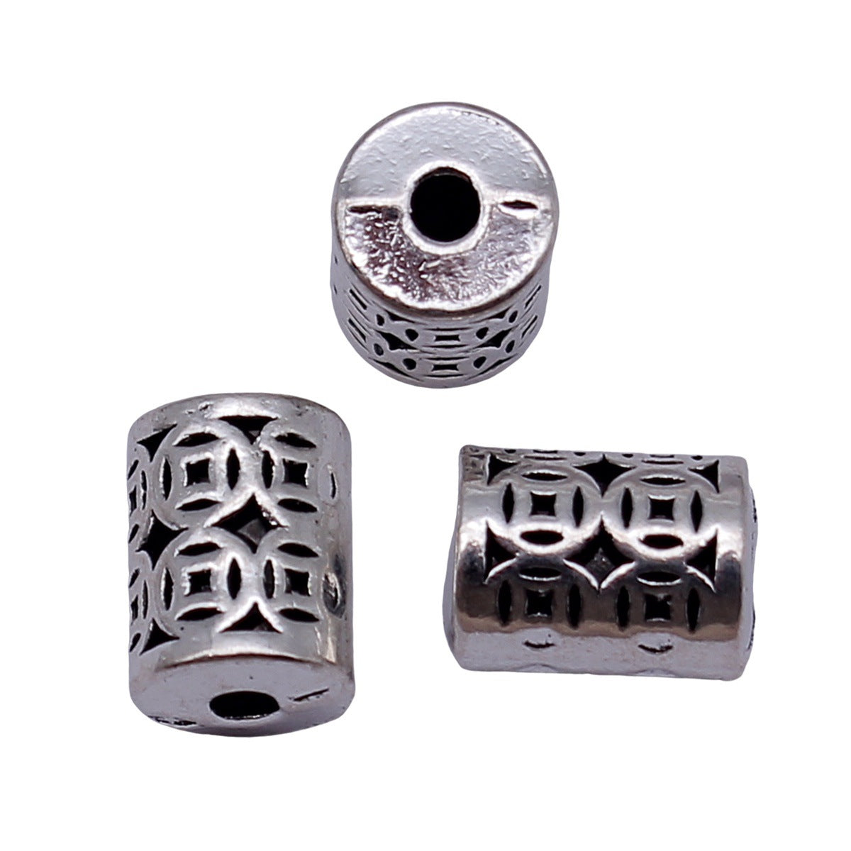 10x7.3x7.3mm 2.3g Antique Silver Zinc Alloy Cylinder Coin Pattern Through Hole Beads for DIY Jewelry Making