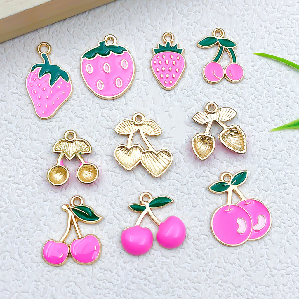 Rose Red Zinc Alloy Strawberry Cherry Fruit Charm Pendant for DIY Bracelet Necklace