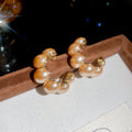 Pair of Metal Tone Champagne Pearl Cluster C-Shaped Stud Earrings view 6