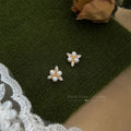 Gold Tone White Pearl Clear Leaf Small Flower Stud Earrings view 3