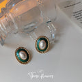Oval Green Enamel Pearl Stud Earrings Gold Twisted Rope Border view 3