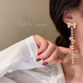 Crystal Bow Long Chain Pearl Tassel Statement Earrings view 2