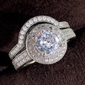 White Gold Tone Round Halo Crystal Dual Ring Set Sizes 6-10 view 1