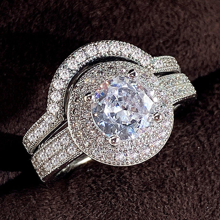 White Gold Tone Round Halo Crystal Dual Ring Set Sizes 6-10