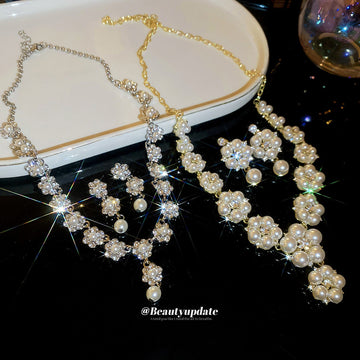 Gold Pearl Flower Rhinestone Necklace Earring Drop Set