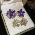 Purple Crystal Flower Cluster Stud Earrings Matching Jewelry Pair view 1