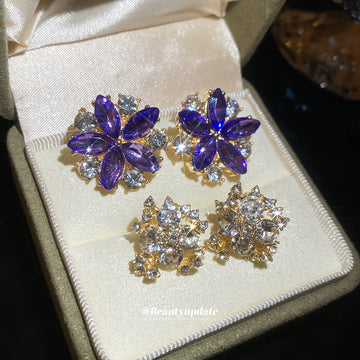 Purple Crystal Petal Flower Cluster Stud Earrings