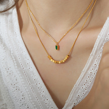 Gold Double Layer Necklace Green Rectangle Pendant Cube Beads