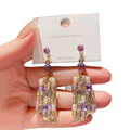 Purple Rectangular Crystal Drop Earrings with Reflective Details view 5