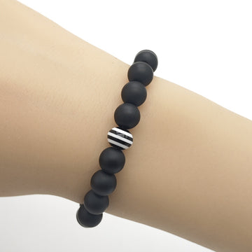 Matte Black Frosted Bead Stretch Bracelet Striped Accent