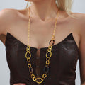 Gold Long Chain Necklace Metal Ovals Tortoiseshell Resin Rings view 3