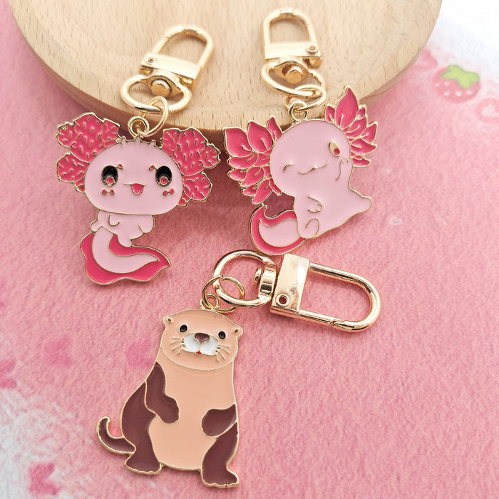 Pink Axolotl Otter Enamel Keychains Lobster Clasp 3 Styles