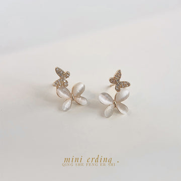 Gold Butterfly Stud Earrings Cat Eye Crystal Wings