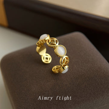 Gold Tone White Cabochon And Open Oval Adjustable Band Ring