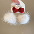 Red Heart and Faux Fur Pom Pom Drop Earrings Statement Fashion Jewelry view 6