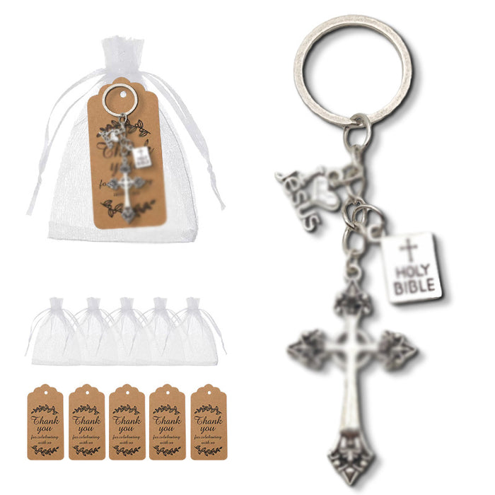 Silver Fleur De Lis Cross Dove and Bible Keychain and Attached Hardware