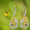 Two Tone Bee Daisy Teardrop Lever Back Drop Earrings Metal view 2
