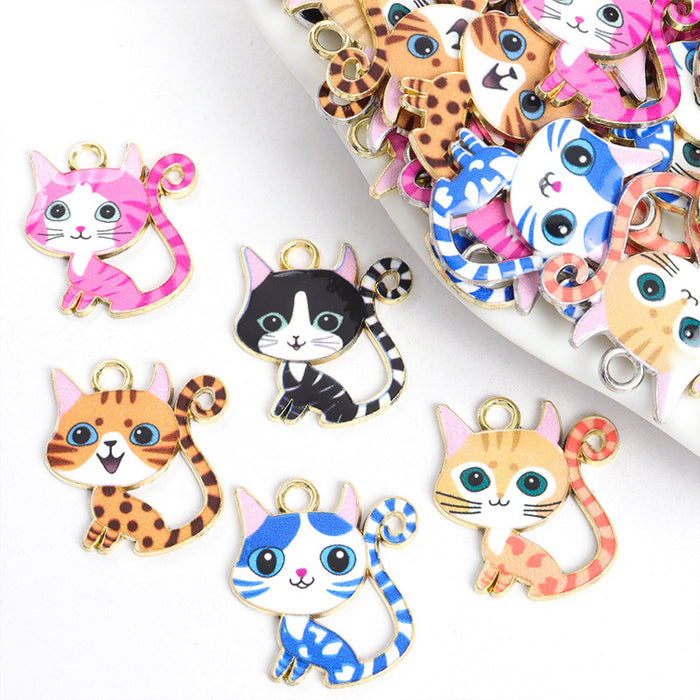 Printed Cat Charms in Gold and Silver Tones, Five Cat Designs