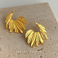 Gold Matte Ribbed Ginkgo Leaf Fan Statement Stud Earrings view 4