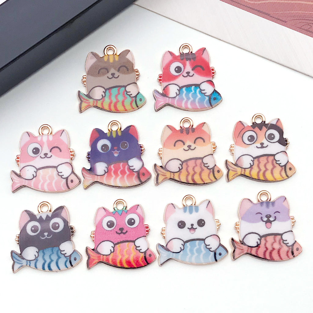 Zinc Alloy Enamel Cat Eating Fish Charm Pendant for DIY Keychain Necklace