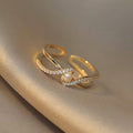 Gold Cross Open Ring Pearl and Pave Crystal Accents view 1