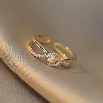 Gold Cross Open Ring Pearl and Pave Crystal Accents
