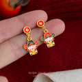 Gold Enamel Fortune God Drop Earrings Asymmetric Pair view 4